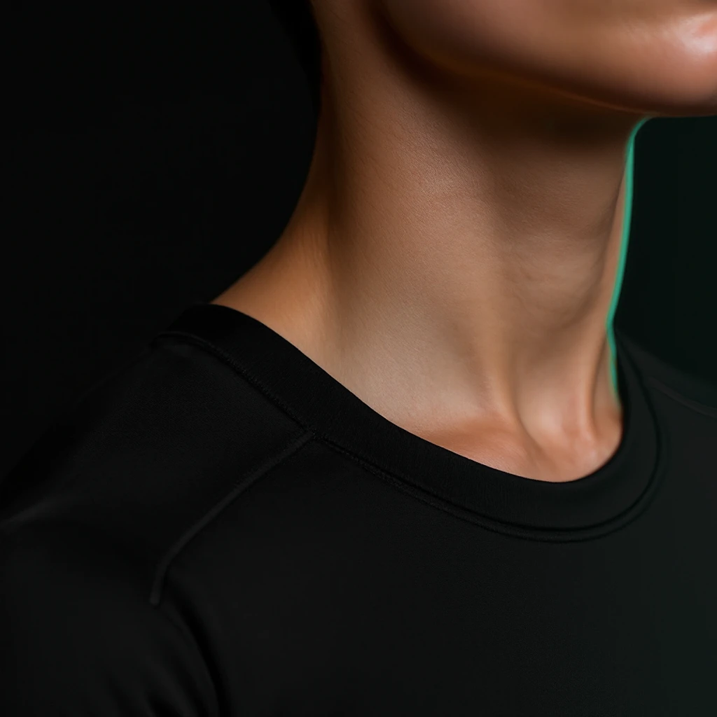 Close up of the clean neckline, with no hardware at the collar