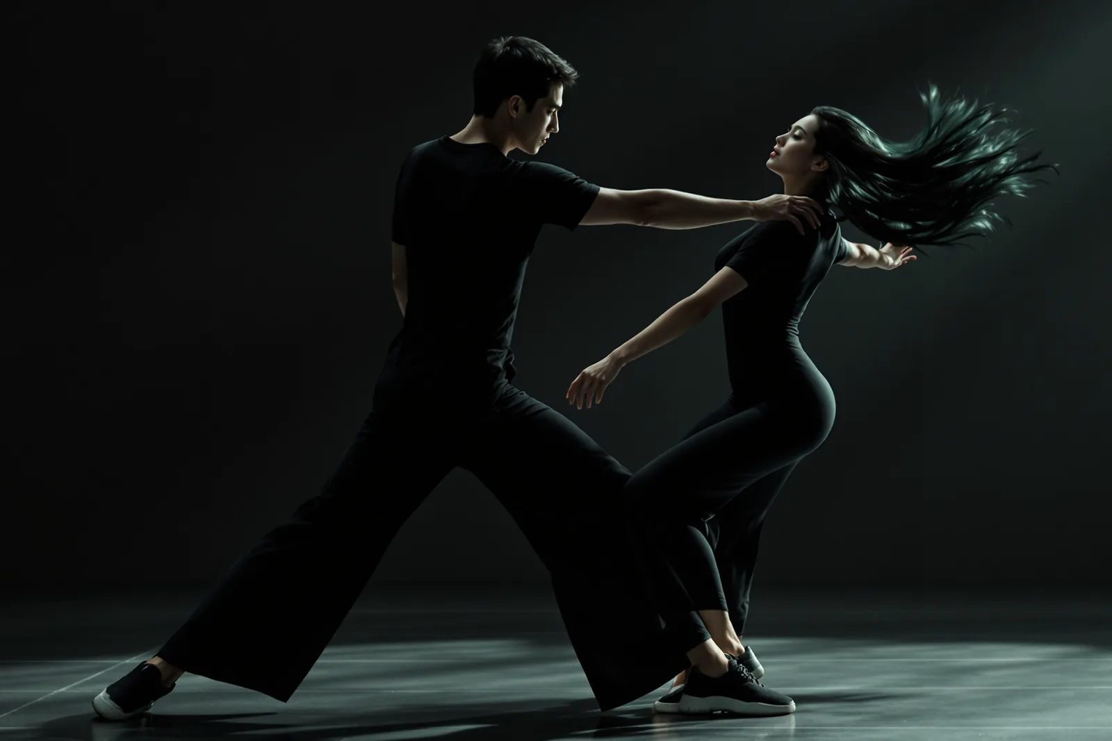 A lead's hand on his partner's shoulder as she leans back into a counterbalance, both in black shirts