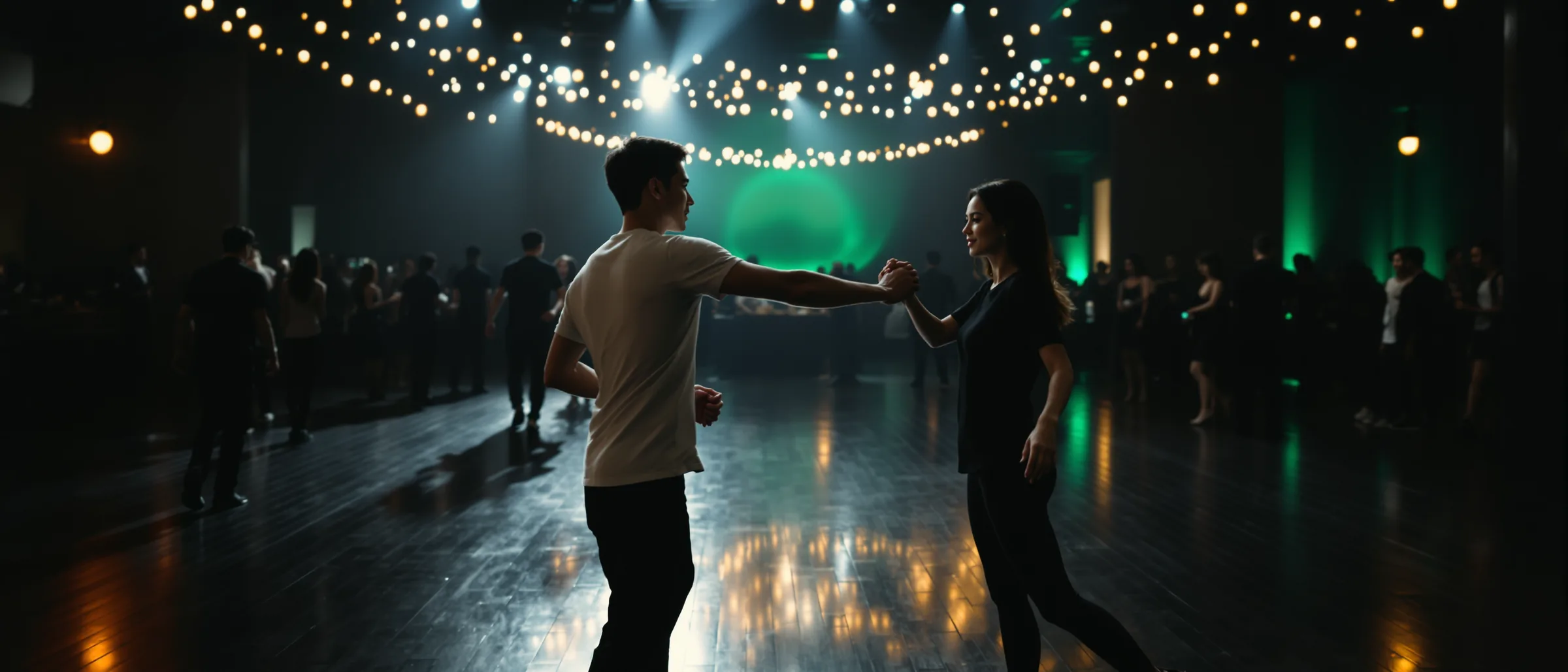 A couple in an open hold on a night social floor under string lights, an emerald glow behind the crowd