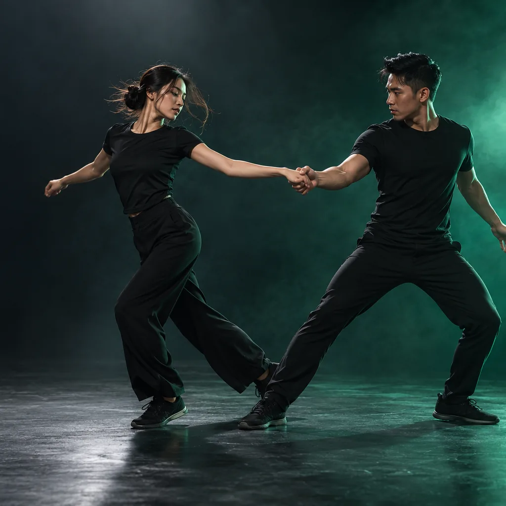 A couple in black performance shirts at arm's length, leaning away from one joined hand, emerald haze behind them