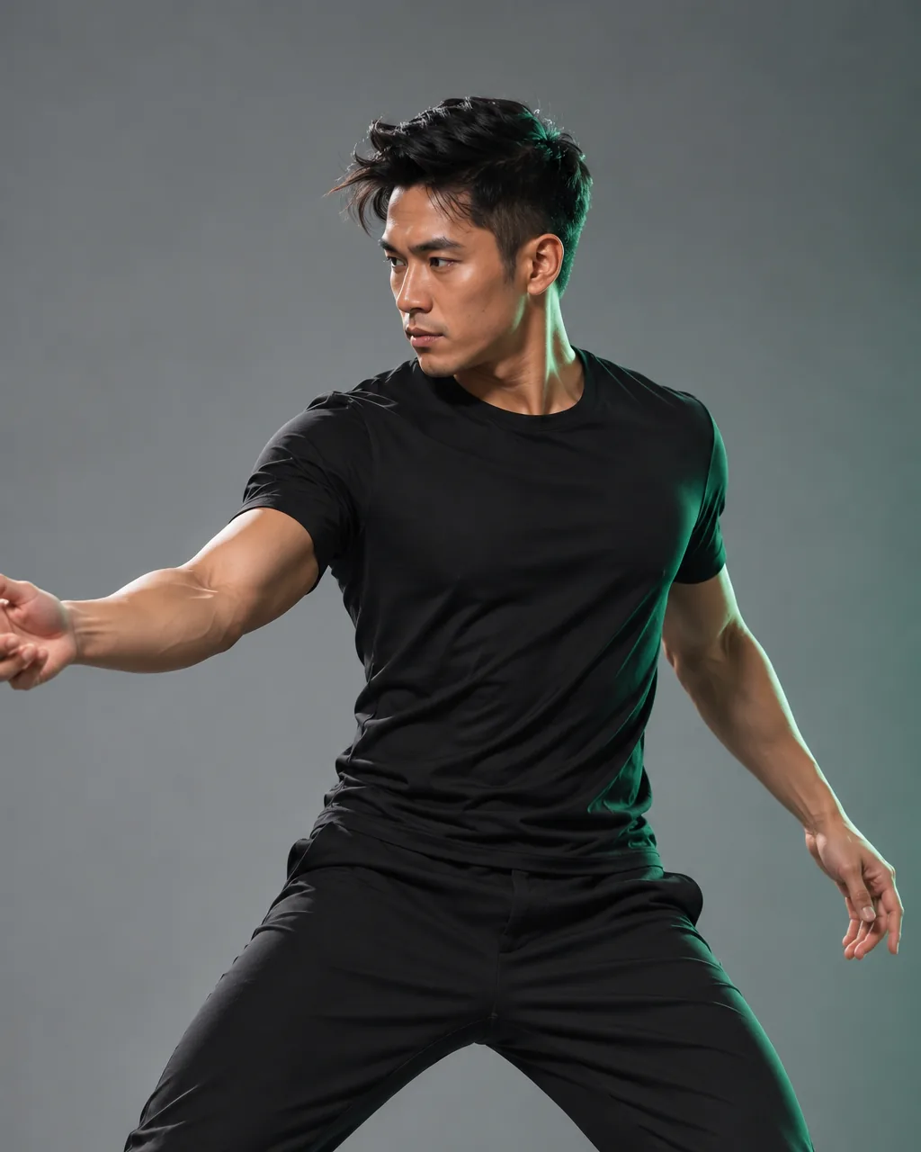A dancer stepping wide in a black men's performance shirt, one arm reaching for a partner