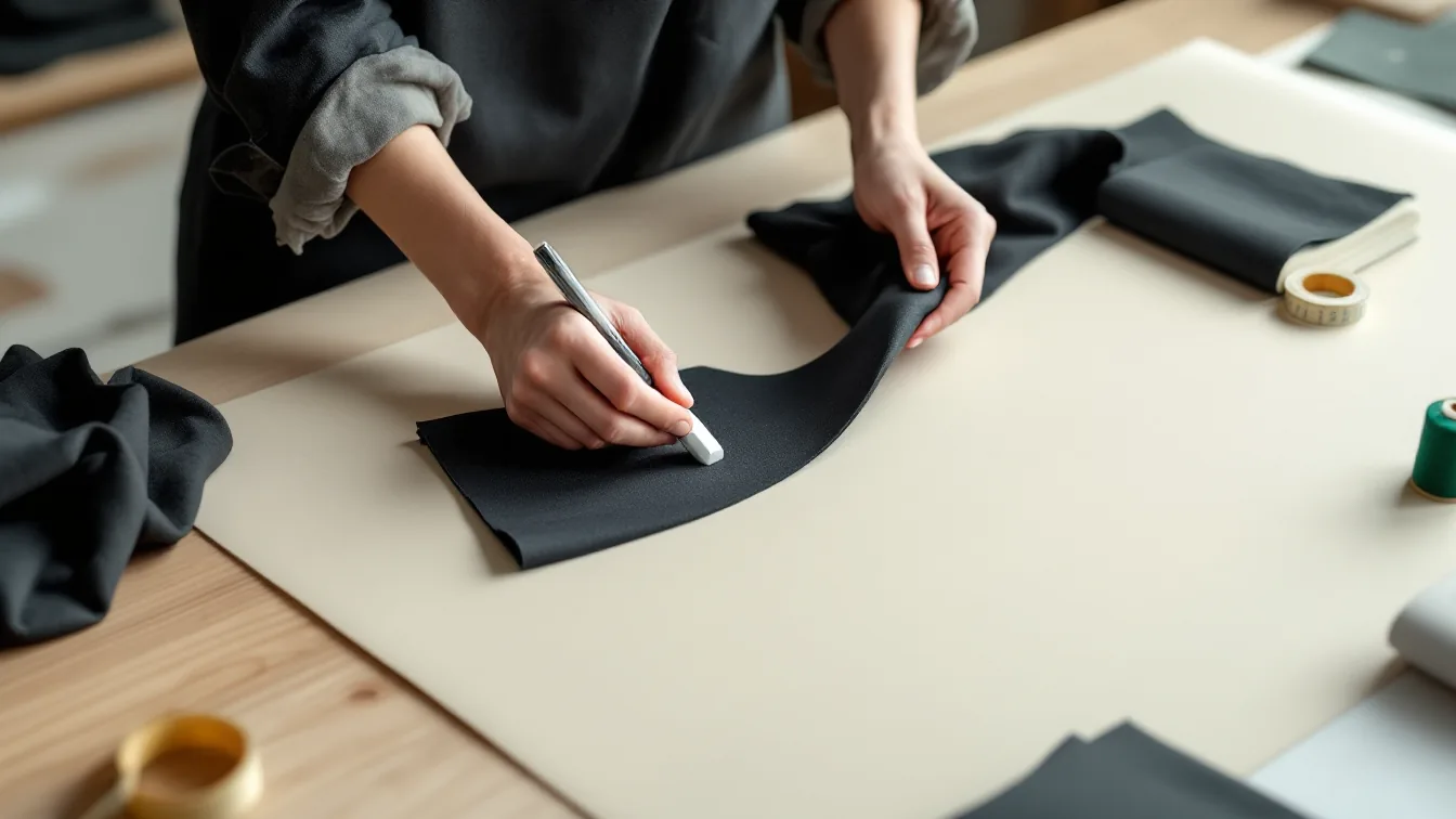 Hands marking a pattern line in chalk on black performance fabric at a cutting table