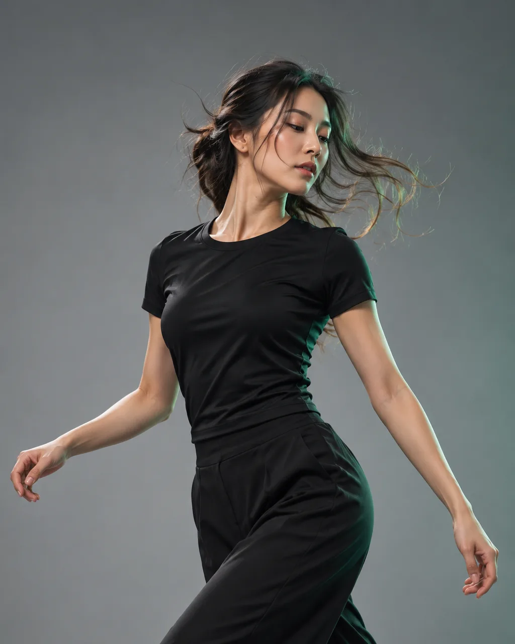 A dancer mid-turn in a black women's performance shirt and wide trousers